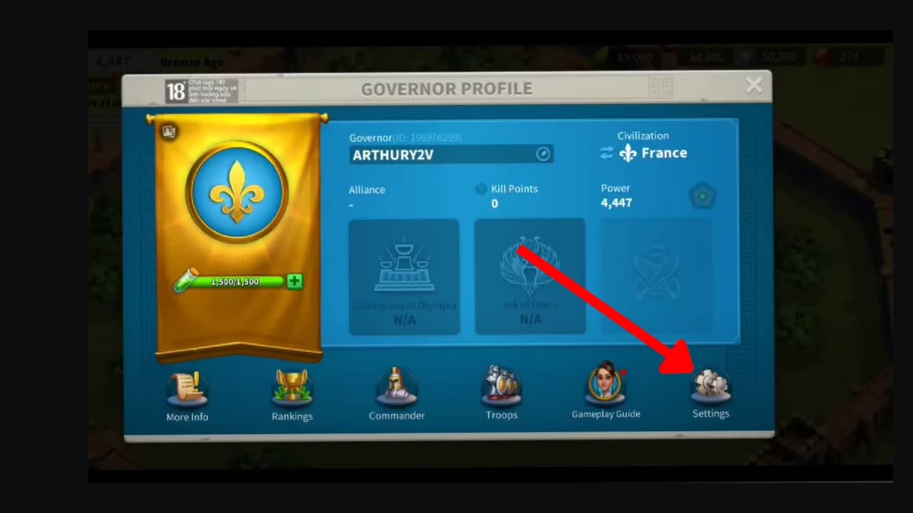 Settings Button in Rise of Kingdoms